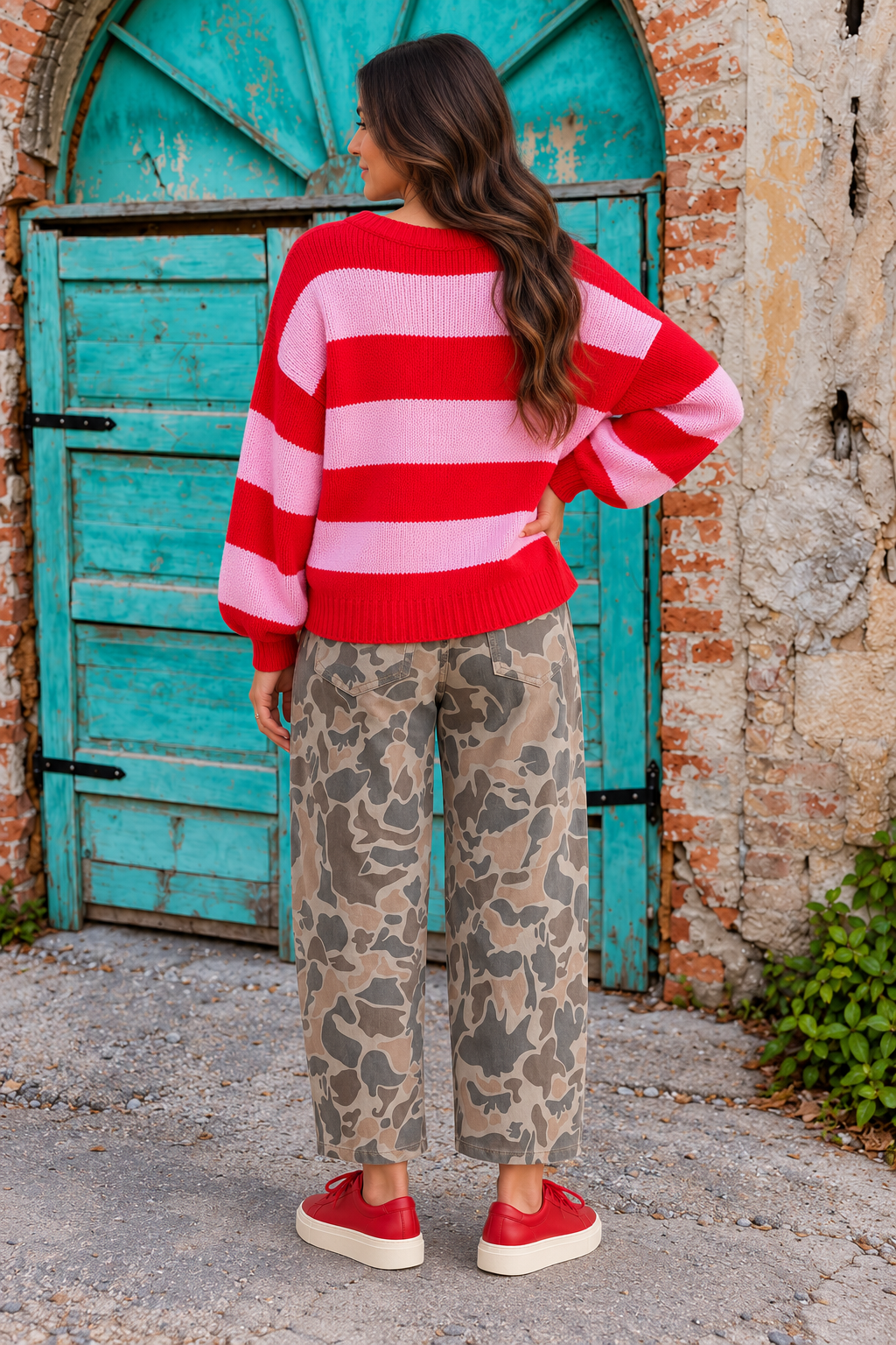 Back view of the Incognito Jeans in muted taupe and gray camouflage with wide cropped legs and oversized patch pockets.