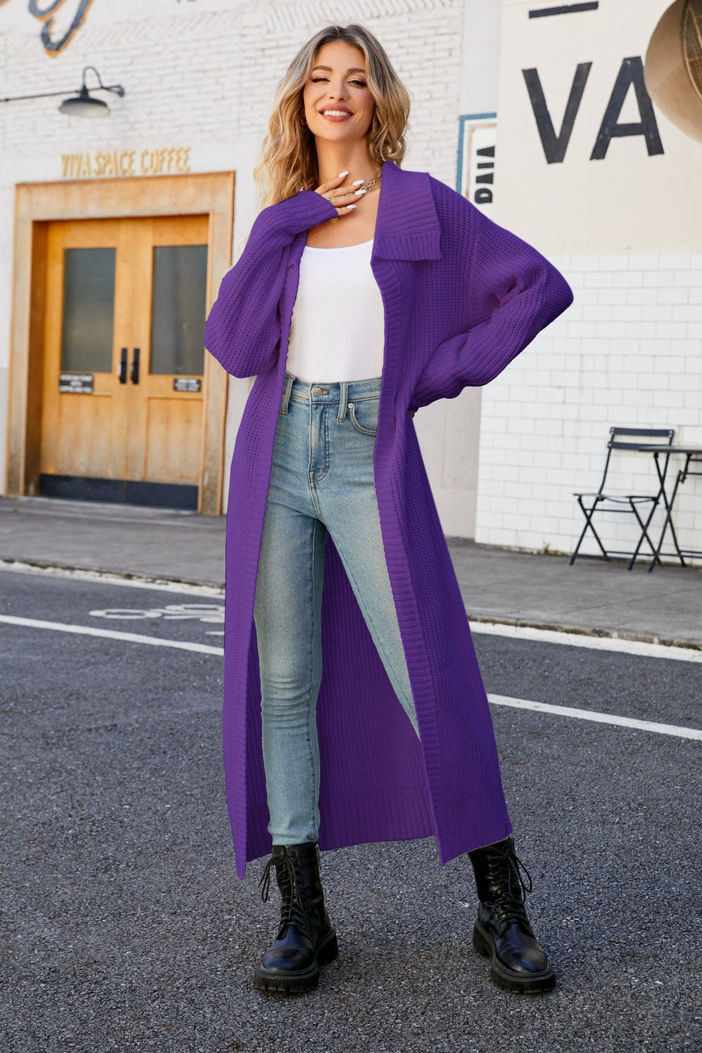 cardigan, open front, duster, collared, ribbed, long sleeve, drop shoulder, slightly stretchy, front view