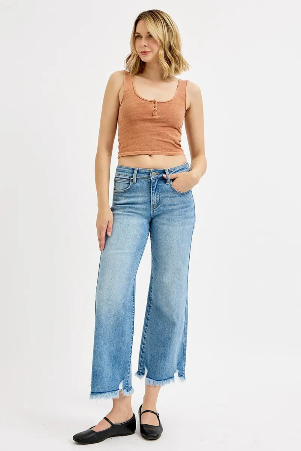 Risen Full Size Mid-Rise Wide Leg Cropped Jeans Front View