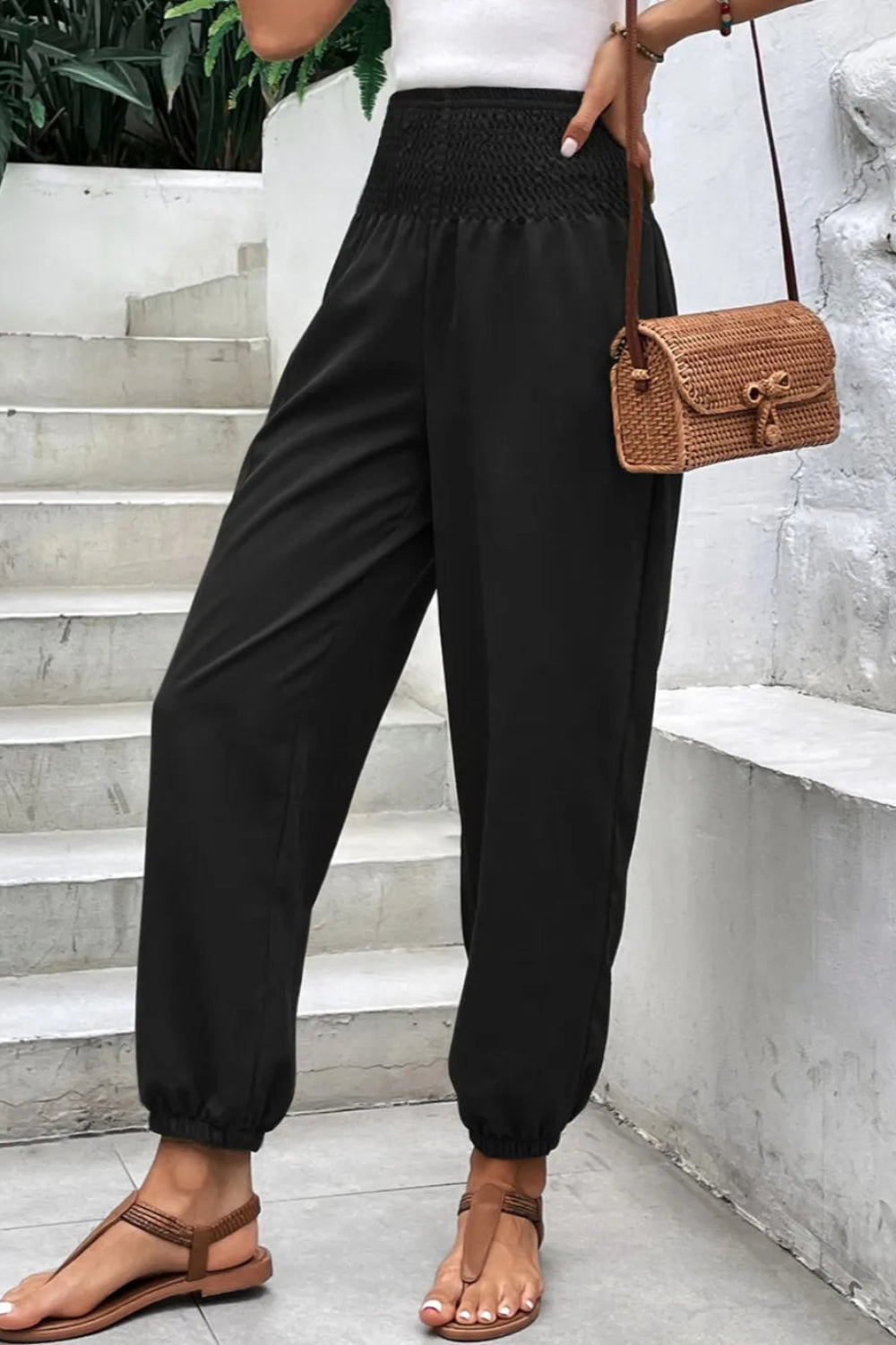 Joggers, high-waist, no drawstring, shirred, pocketed, opaque, slightly stretchy front view