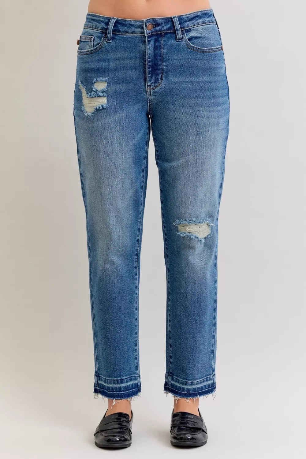 Judy Blue Jeans, full-size, mid-rise, boyfriend, patch & repair, distressed, release hem, raw hem, medium wash, button/zipper closure, belt loops, pocketed, slightly stretchy, front view
