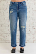 Judy Blue Jeans, full-size, mid-rise, boyfriend, patch & repair, distressed, release hem, raw hem, medium wash, button/zipper closure, belt loops, pocketed, slightly stretchy, front view