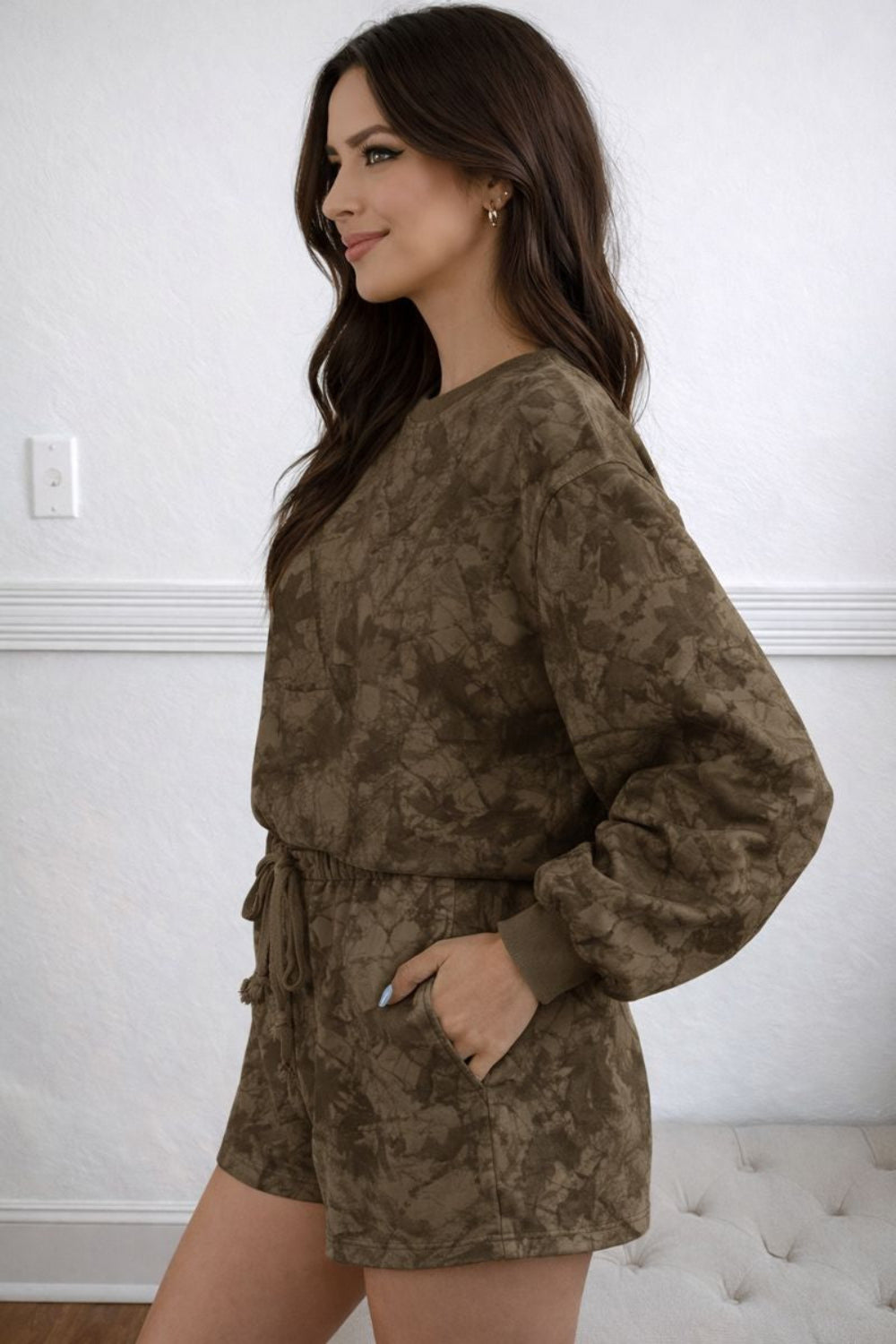 Two-piece lounge set, pullover, round neck, drop shoulder, long sleeve, ribbed, oversized, drawstring shorts, elastic waist, pocketed, no stretch, side view
