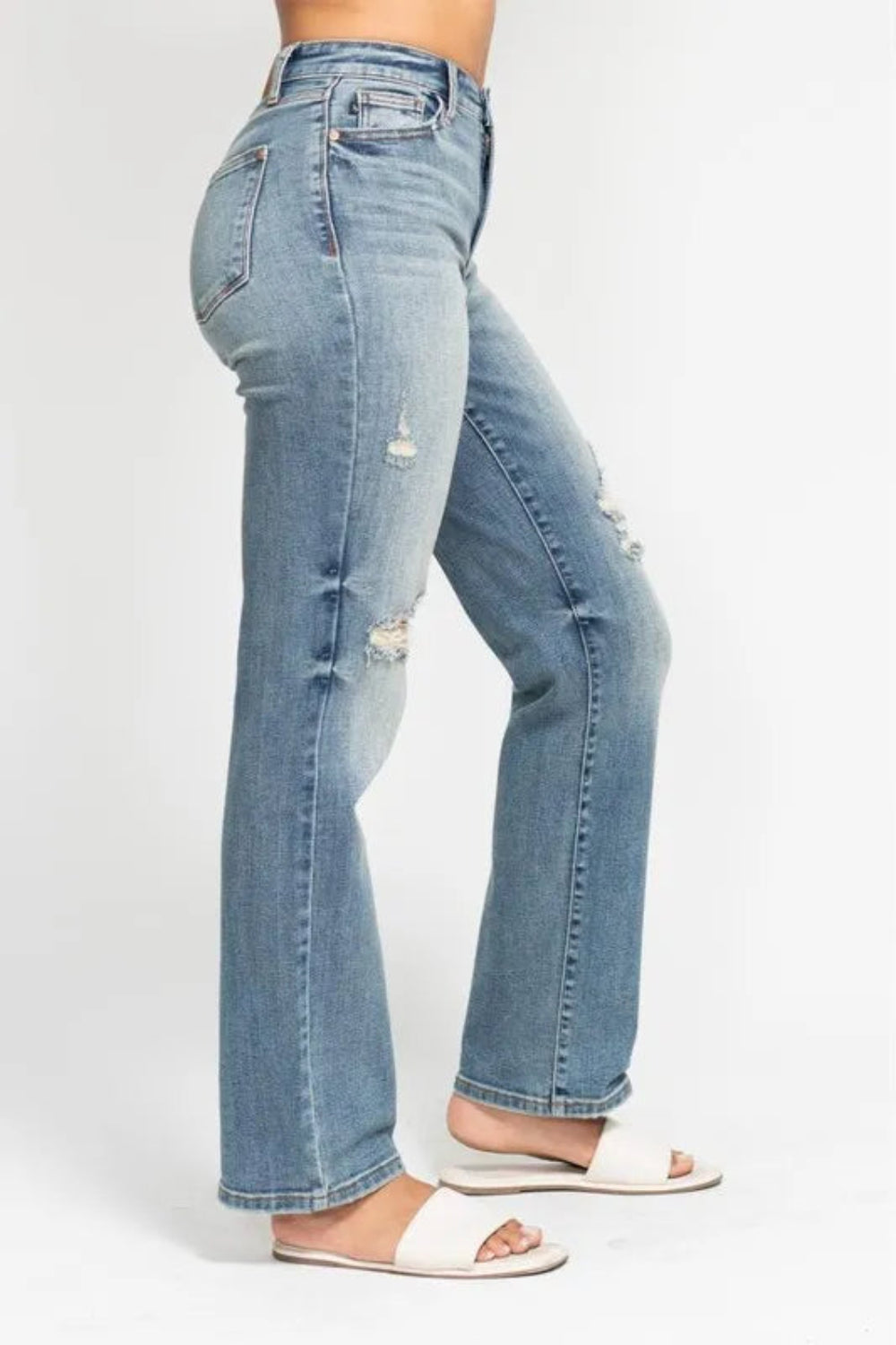 Judy Blue Jeans, full-size, high-rise, relaxed fit, straight leg, vintage wash, distressed, 5-pocket detailing, belt looped, button/zipper closure, slightly stretchy, side view