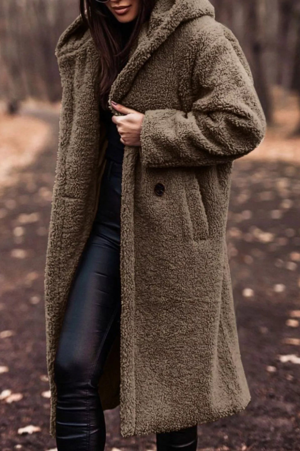 coat, longline, lined, hooded, buttoned, pocketed, thick, oversized, slightly stretchy, front view