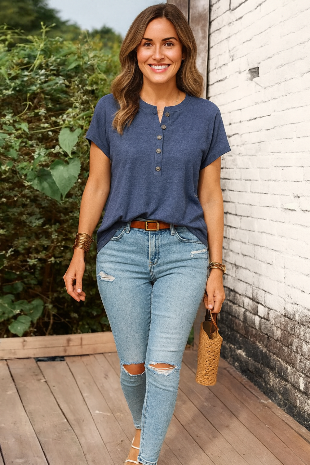 Blouse, short sleeve, pullover, round neck, half buttoned, opaque, no stretch, front view