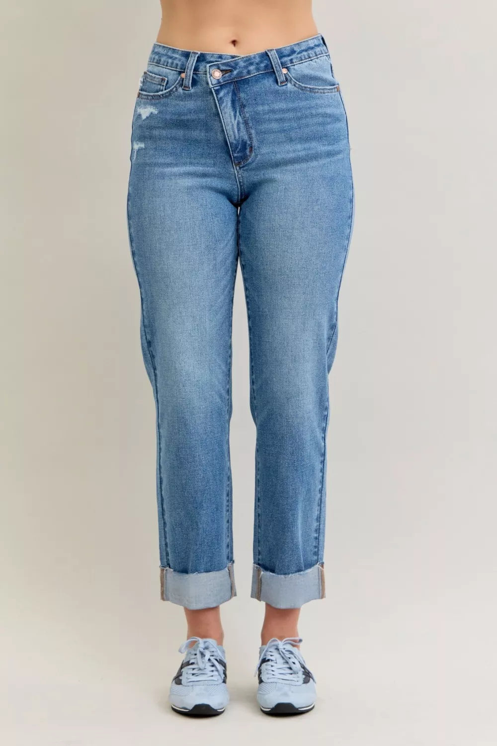 Judy Blue Jeans, high-rise, criss-cross front, mild destroy, single cuff, belt loops, button/zipper closure, pocketed, medium wash, slightly stretchy, front view