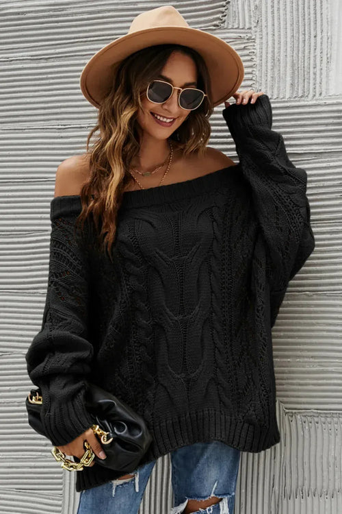 Sweater, pullover, long sleeve, off-shoulder, drop sleeve, cable knit, openwork, oversized, stretchy, front view
