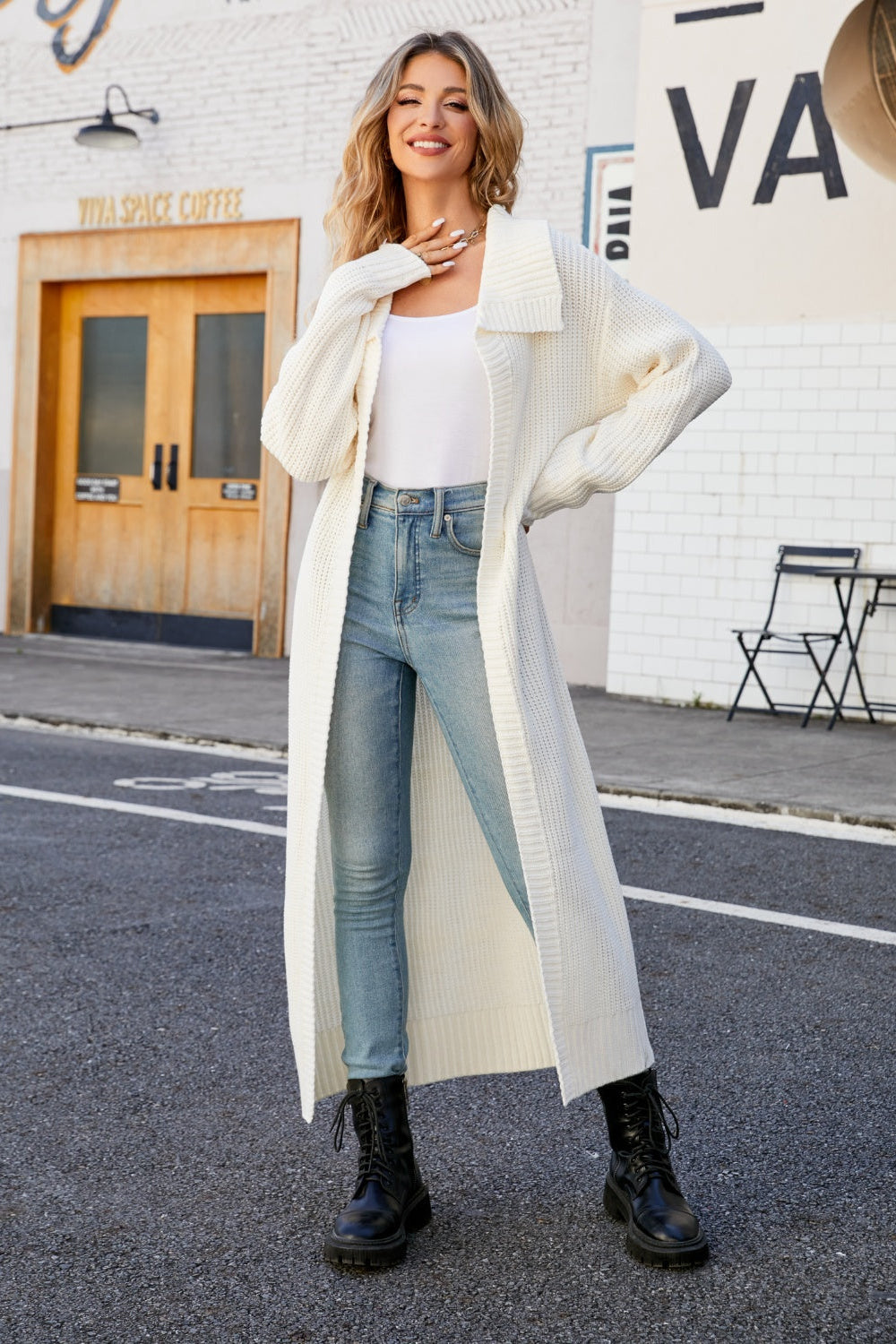 cardigan, open front, duster, collared, ribbed, long sleeve, drop shoulder, slightly stretchy, front view