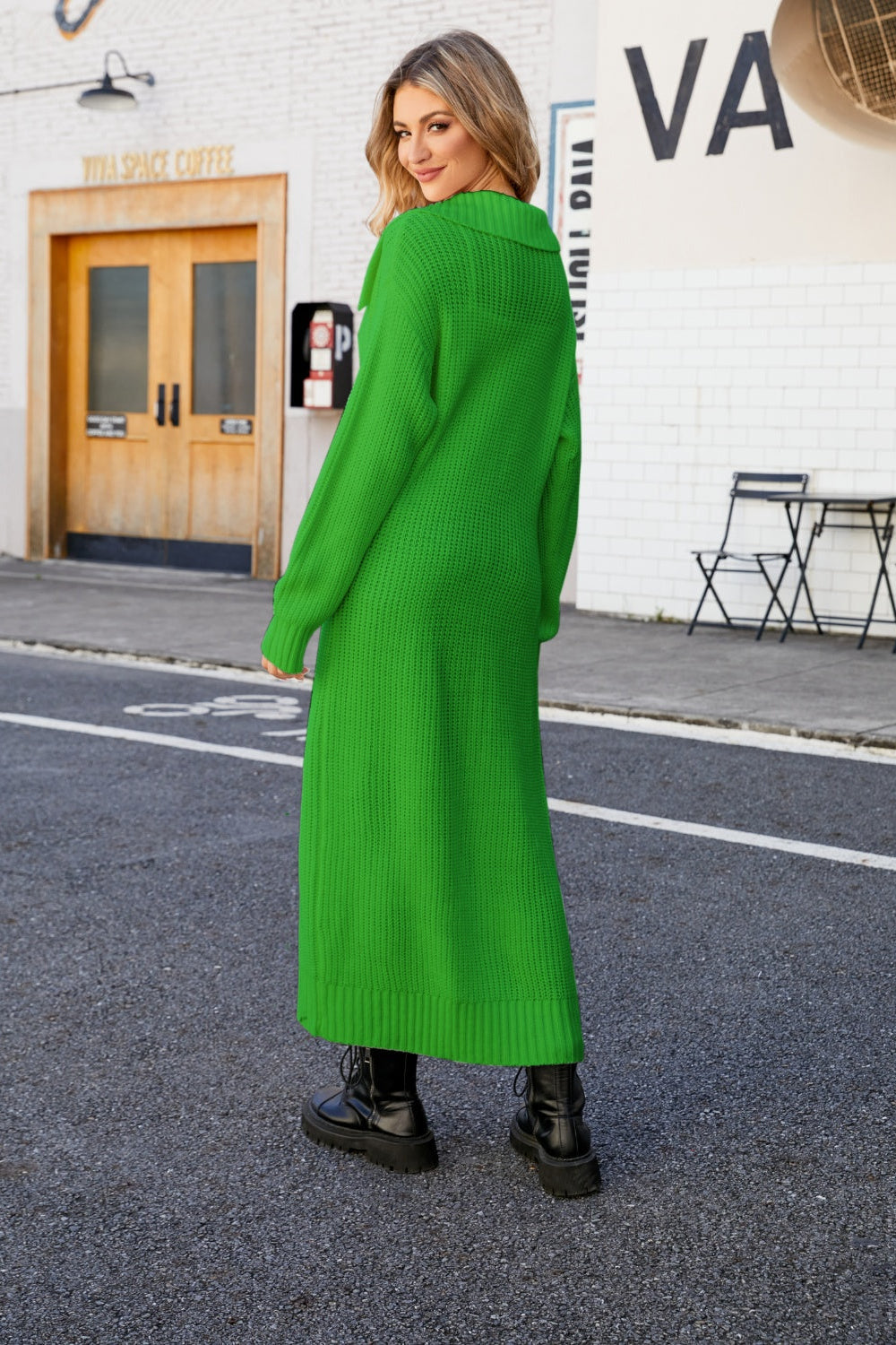 cardigan, open front, duster, collared, ribbed, long sleeve, drop shoulder, slightly stretchy, back view