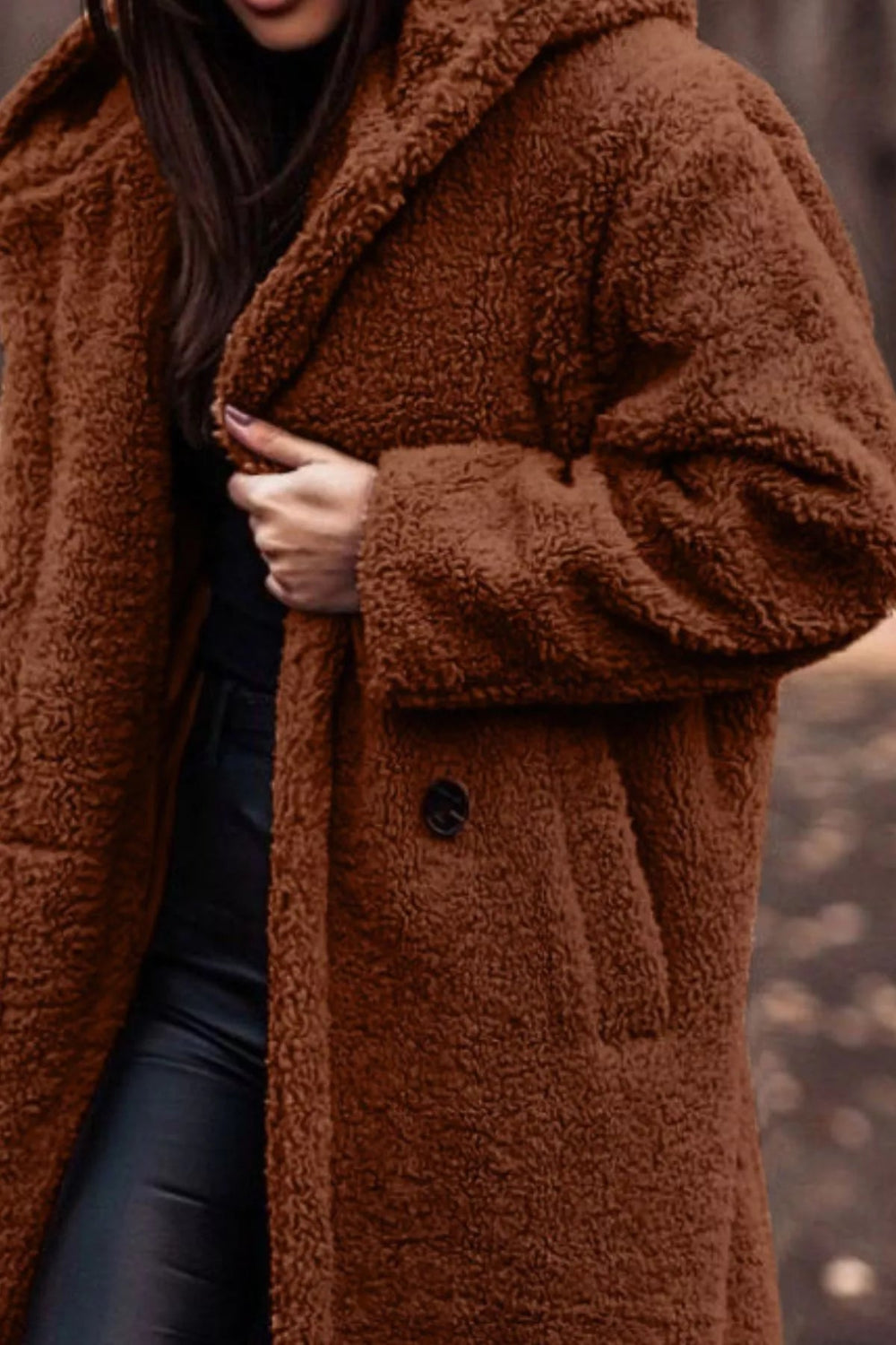 coat, longline, lined, hooded, buttoned, pocketed, thick, oversized, slightly stretchy, close up view