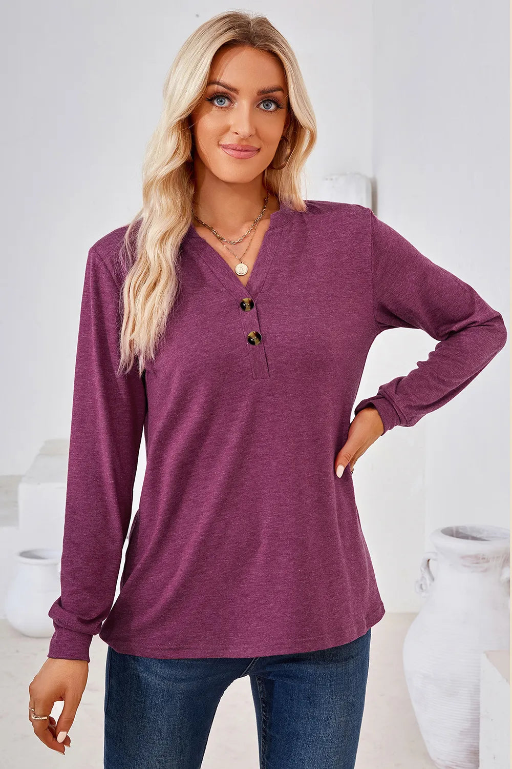 t-shirt, pullover, long sleeve, notch neck, buttoned, opaque, slightly stretchy, front view