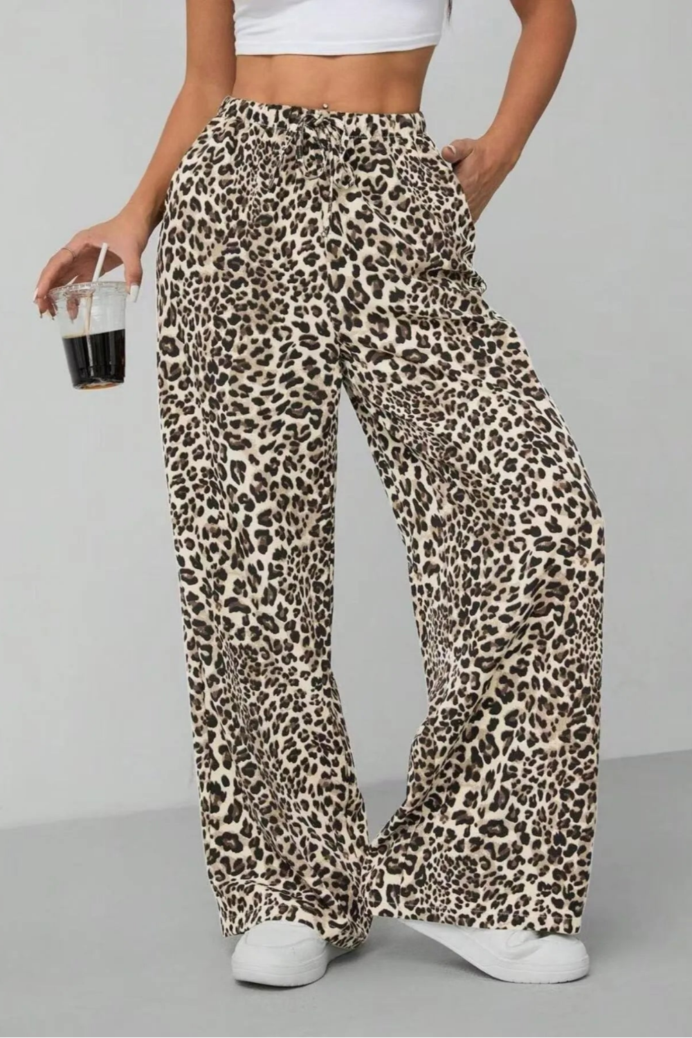 Pants, leopard print, high waist, elastic waistband, drawstring, pocketed, no stretch front view