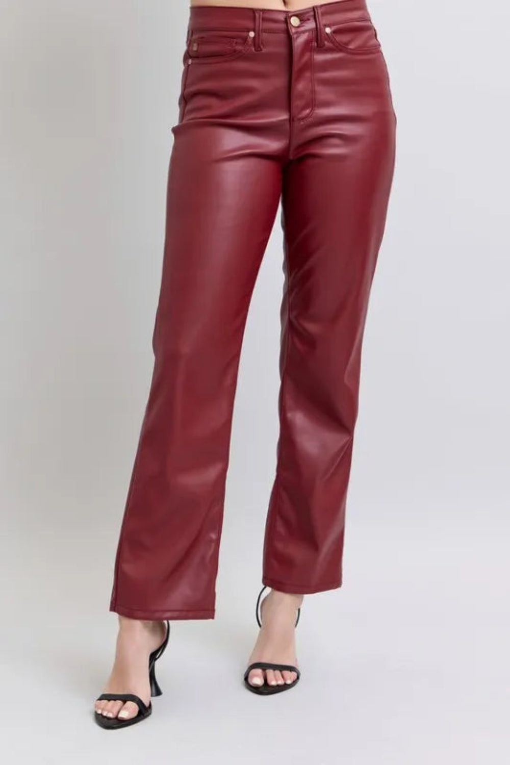 Judy Blue Pants, full-size, high-rise, tummy control, faux leather, straight leg, pocketed, brad detail, some stretch front view