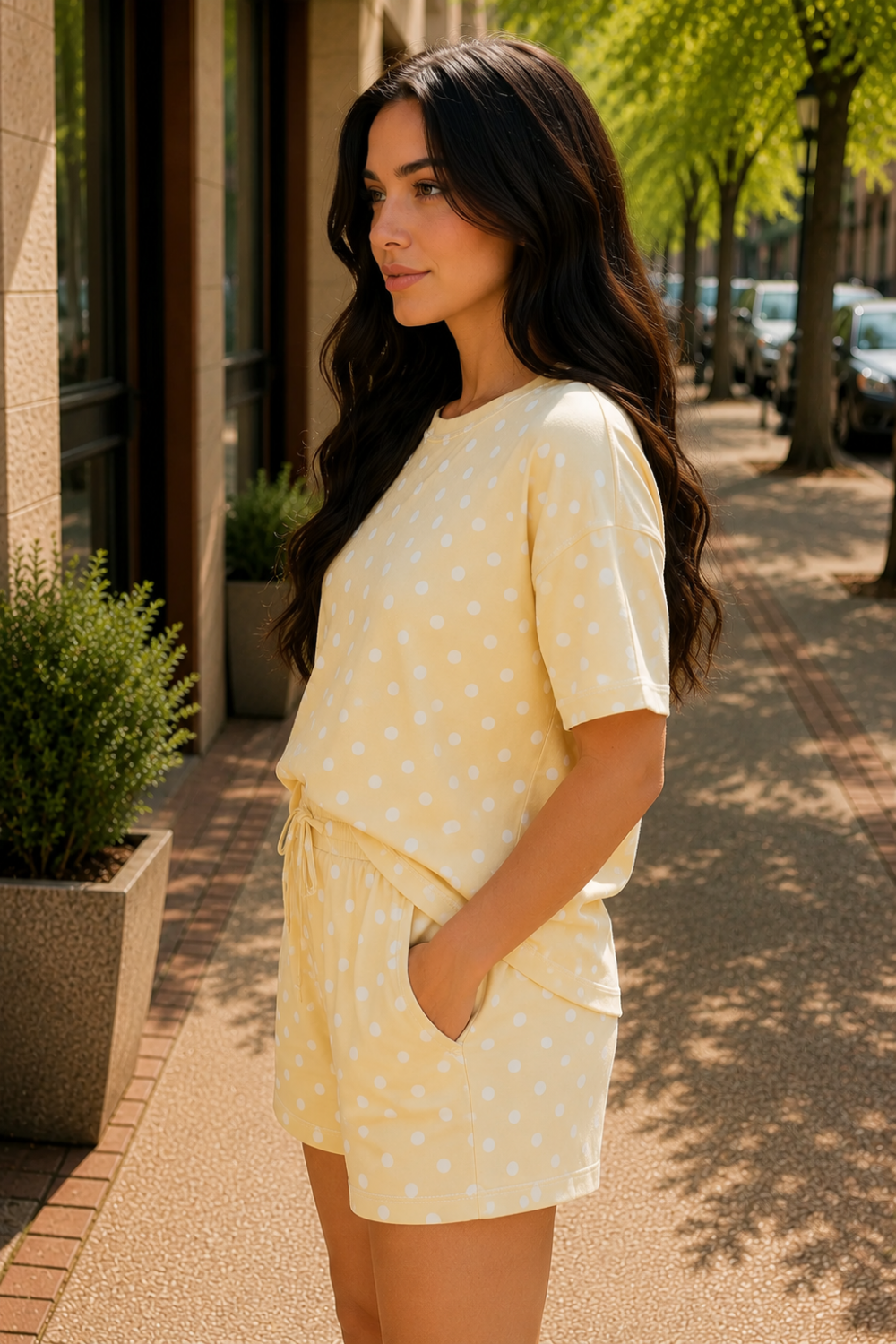 * Two-piece set
* Round neck
* Drop shoulder
* Half sleeve
* Exposed seam
* Drawstring waist
* Slightly stretchy