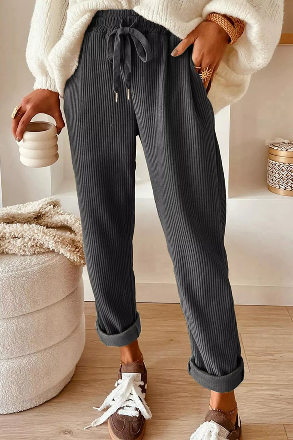 Pants, corduroy, drawstring, pocketed, elastic waist, high-rise, straight leg, no stretch, front view