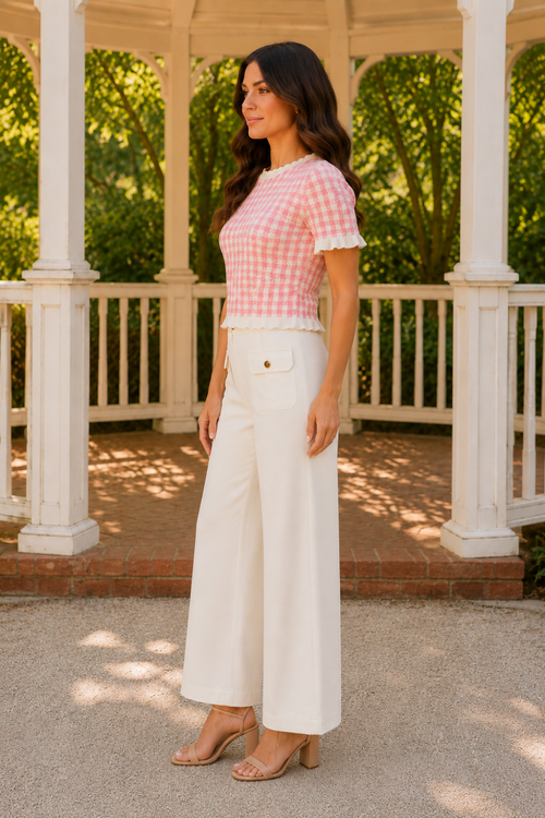 * Gingham
* Knit
* Ruffled
* Short sleeves
* Round scalloped neck
* Ribbed
* Stretchy