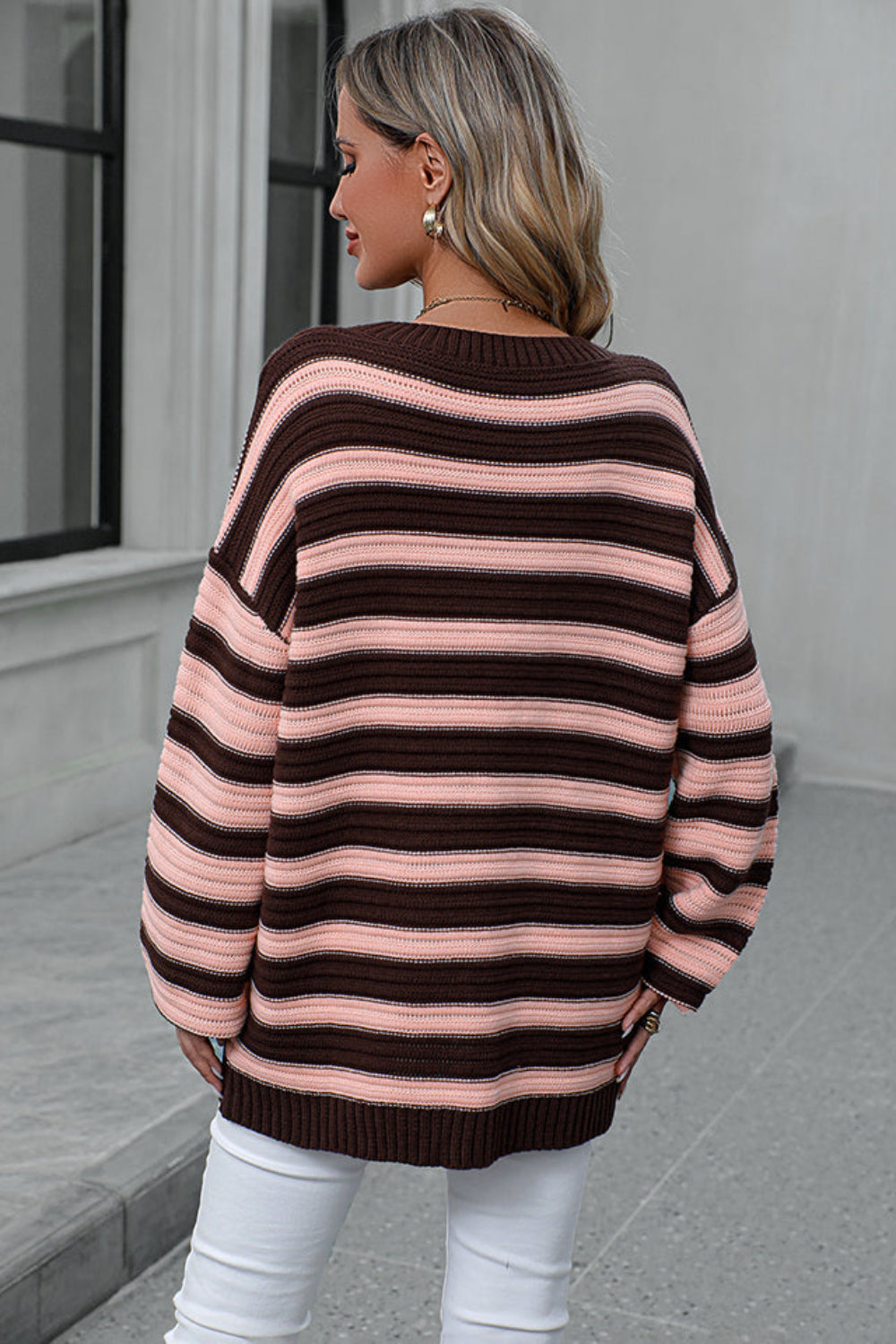 sweater, long sleeve, round neck, pullover, drop shoulder, striped, ribbed, oversized, slightly stretchy, back view