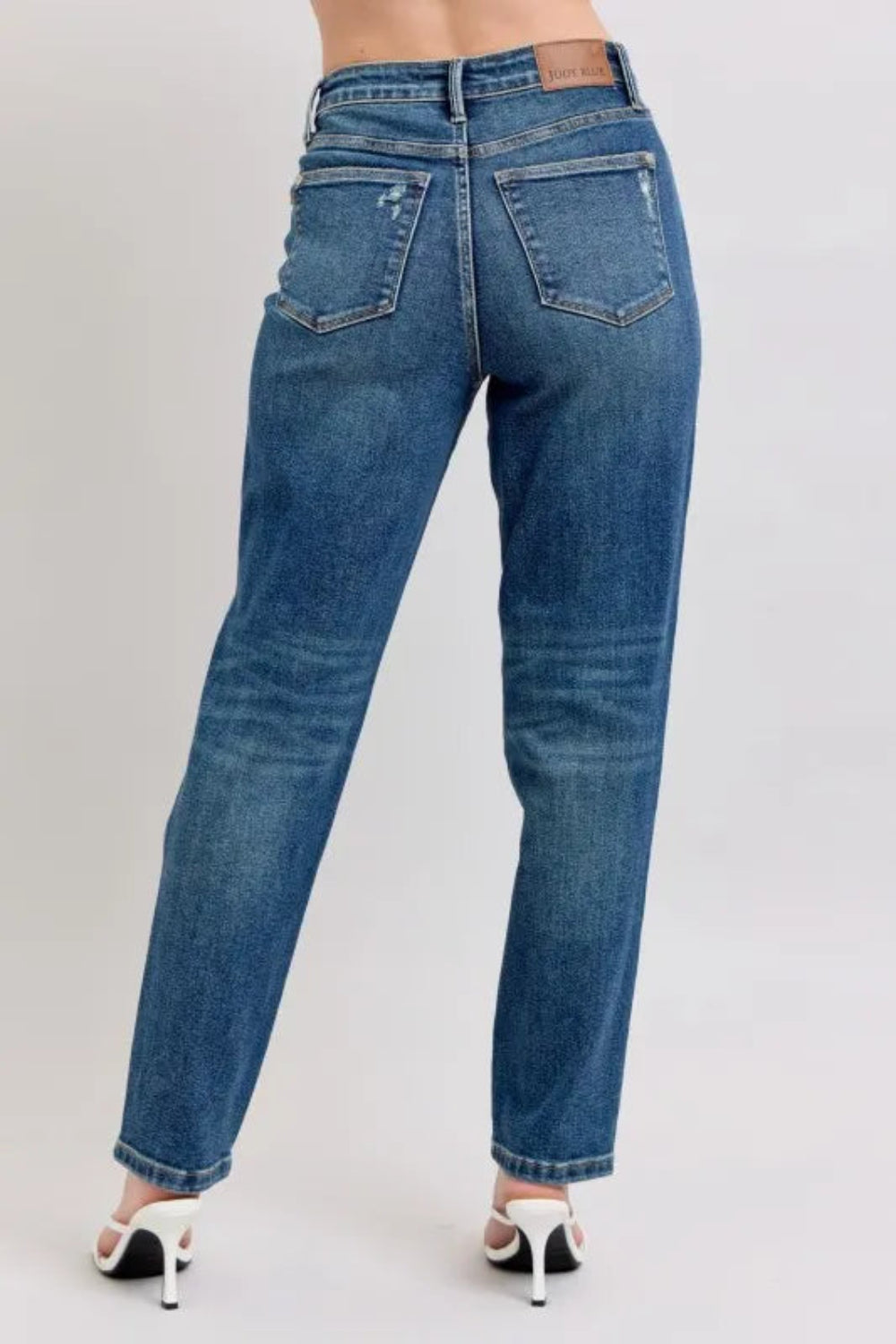 Judy Blue Jeans, full-size, high-rise, medium wash, cropped ankle, straight leg, pocketed, button and zipper closure, slightly stretchy, back view