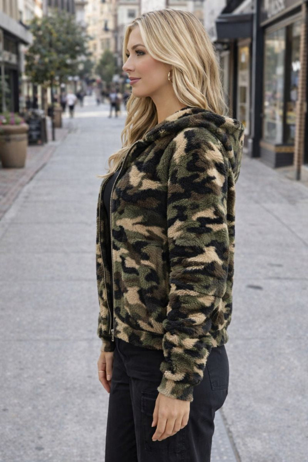 Jacket, hooded, fuzzy, camouflage, lightweight, zipper closure, elastic hem, pocketed, no stretch, side view