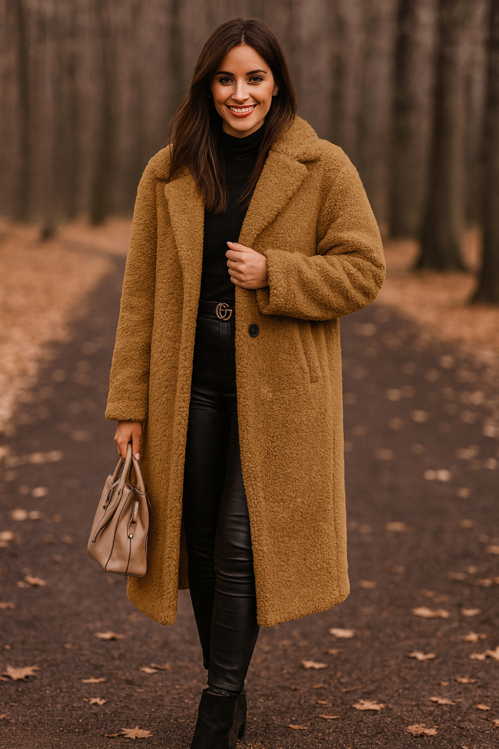 coat, longline, lined, hooded, buttoned, pocketed, thick, oversized, slightly stretchy, front view