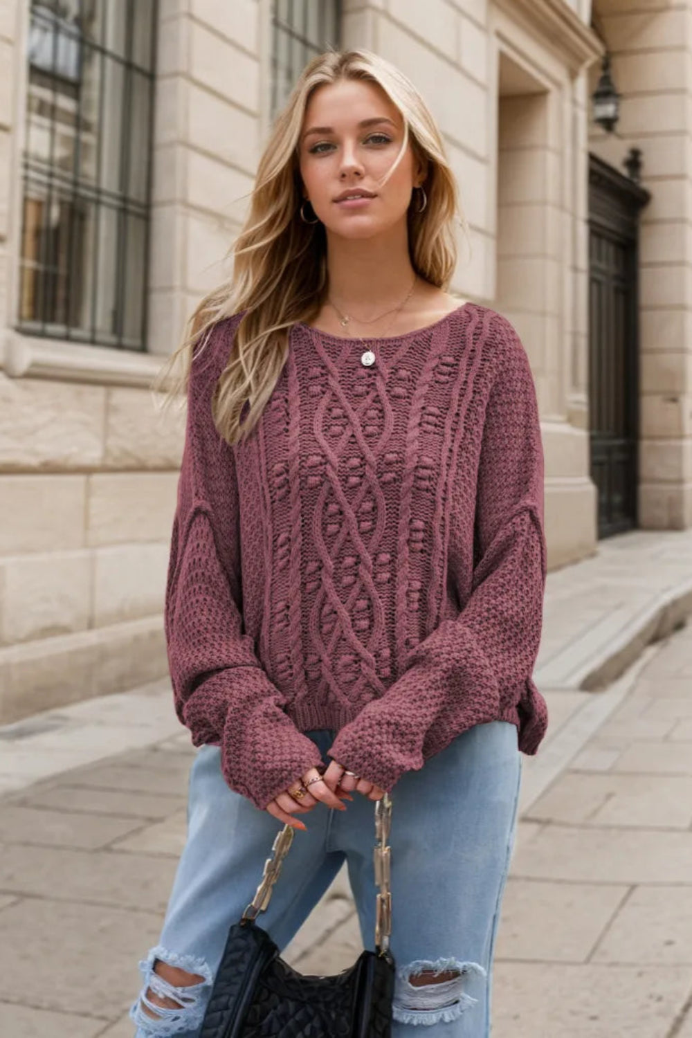 Sweater, pullover, long sleeve, drop shoulder, exposed seam, cable-knit, wide neck, stretchy front view