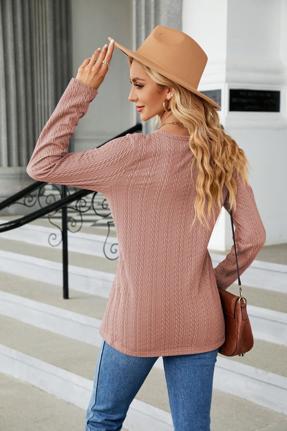 t-shirt, pullover, long sleeve, v-neck, cable-knit, buttoned, opaque, slightly stretchy, back view