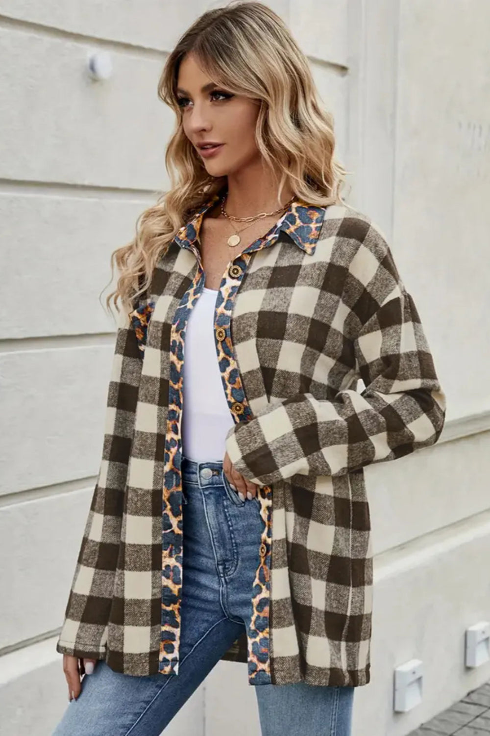 Shirt, long sleeve, drop shoulder, collared, buttoned, front leopard print pocket, plaid print, leopard trim, opaque, oversized, no stretch, front view