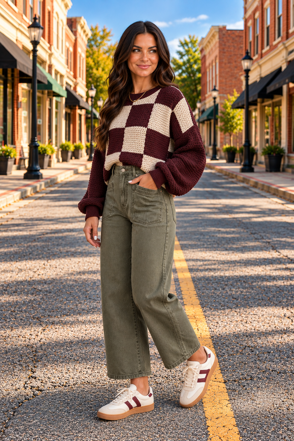 Olive green vintage-wash barrel jeans, front view with high-rise waist, oversized patch pockets, and ankle-length tapered legs.
