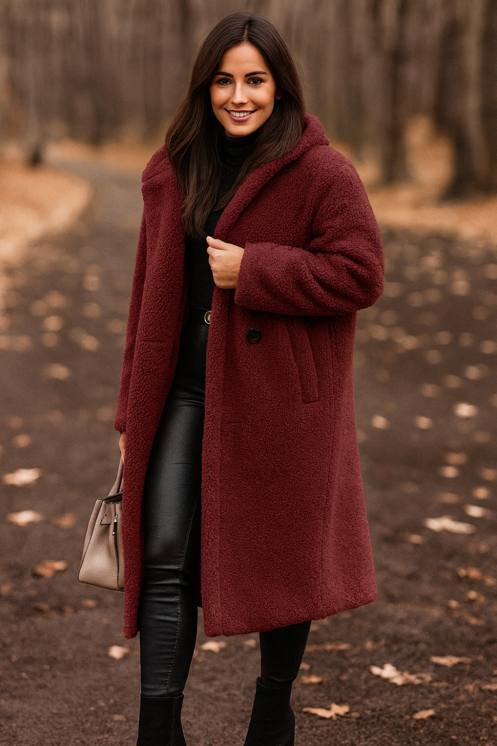 coat, longline, lined, hooded, buttoned, pocketed, thick, oversized, slightly stretchy, front view