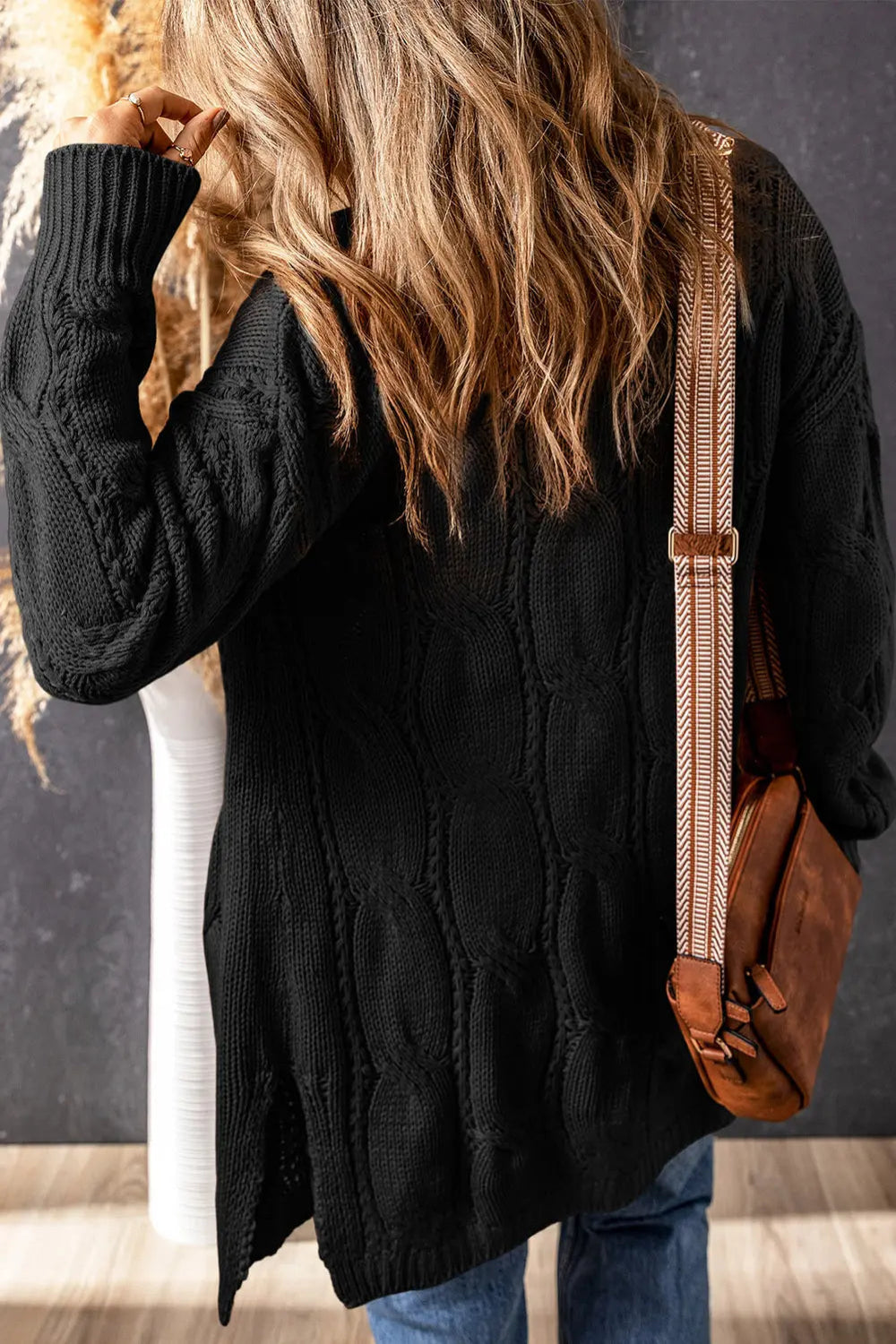 Cardigan, long sleeve, drop shoulder, open front, cable-knit, side slit, openwork, no buttons, pocketed, stretchy back view
