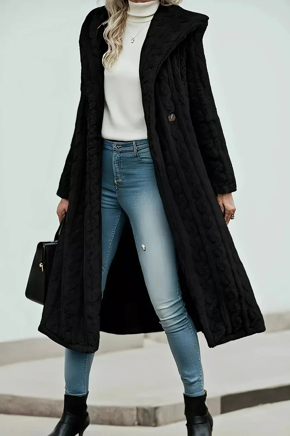 Longline coat, hooded, buttoned, pocketed, thick, lined, oversized, cable-knit design, some stretch, front view