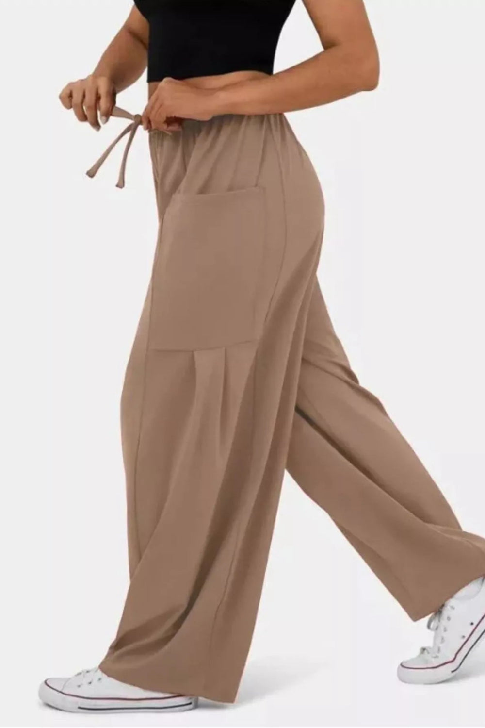 Pants, wide leg, drawstring waist, high-waist, pocketed, pleated at pockets, long, stretchy, side view