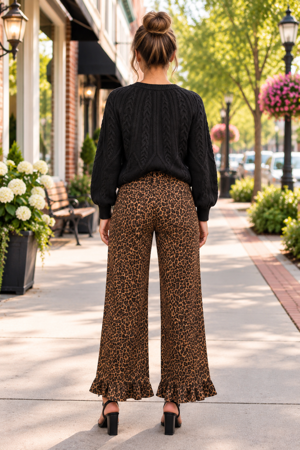 * Shift jean
* Leopard print
* High-waist
* Button/zipper closure
* Belt loops 
* Pocketed
* Ankle length
* Ruffled hem
* Slightly stretchy