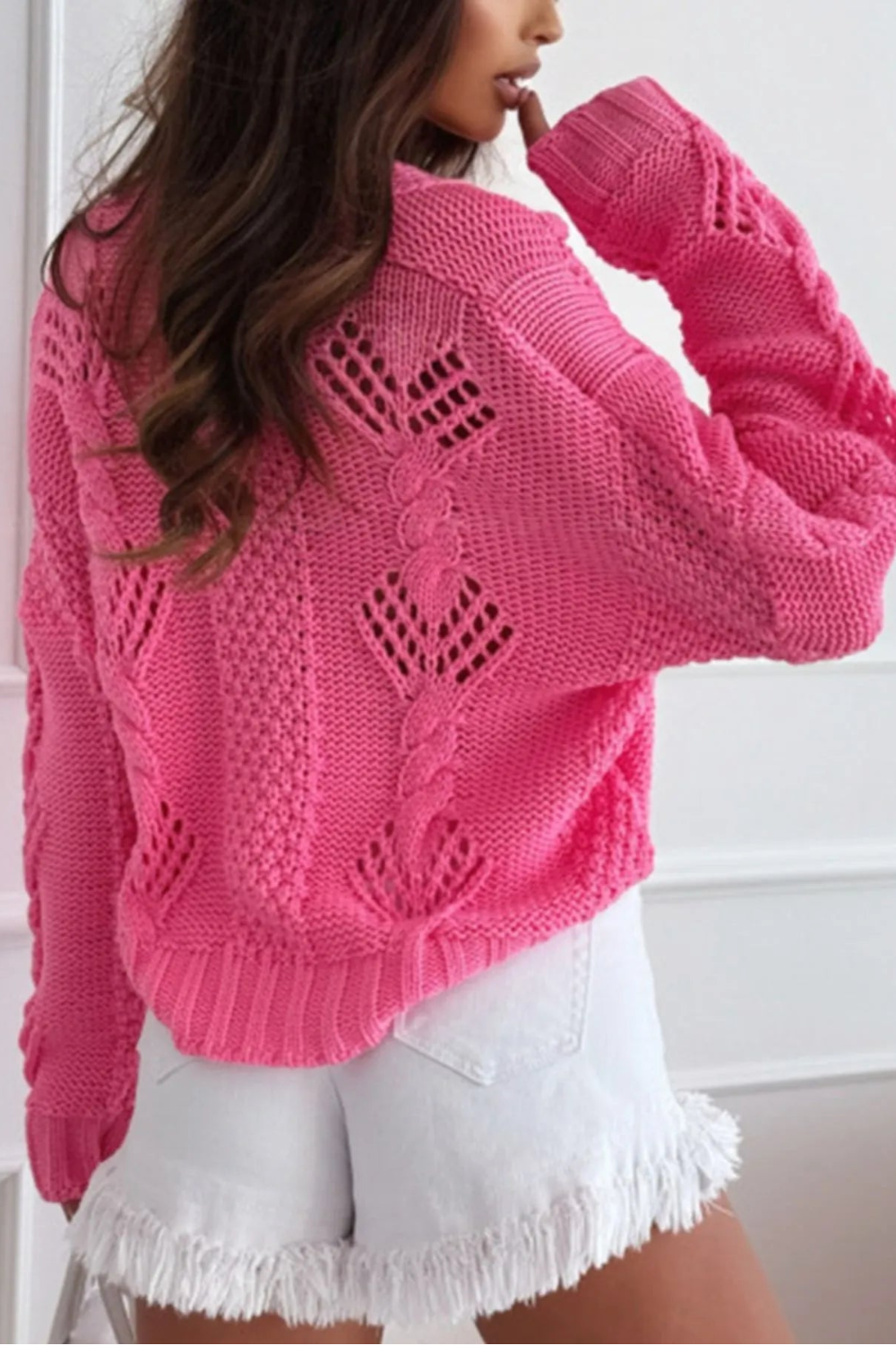 Cardigan, long sleeve, drop shoulder, openwork, cable knit, v-neck, buttoned, no stretch back view