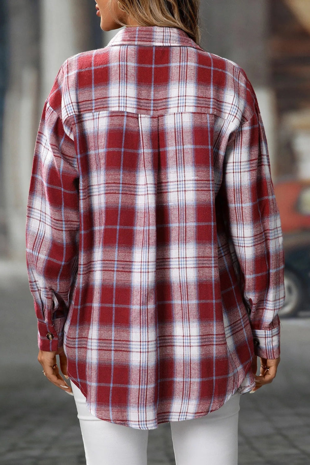 Shirt, long sleeve, collared, buttoned, oversized, front flap pockets, plaid print, no stretch, back view