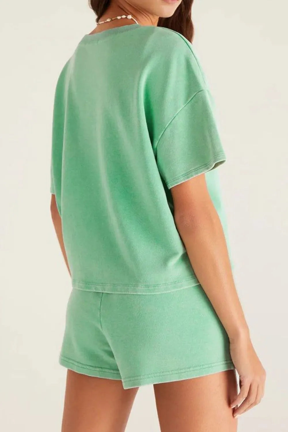 wo-Piece Short Set V-Neck Short Sleeves Draw String Pockets Back View