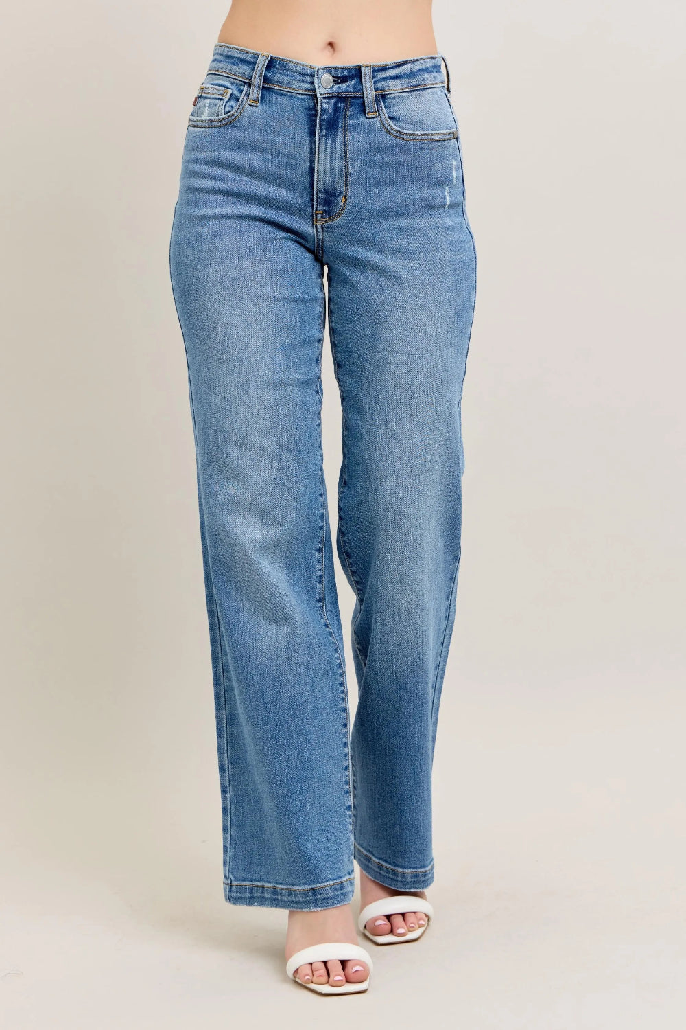 Judy Blue Jeans, full-size, high-rise, medium wash, straight let, 5 pocket, slightly stretchy front view