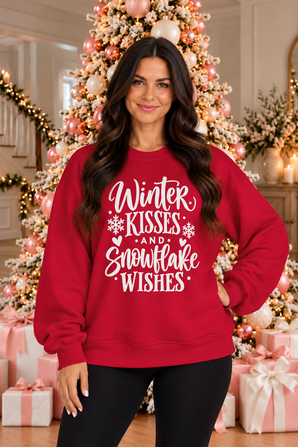Wonderful Christmas Time Graphic Sweatshirt in white, modeled front view with colorful retro Christmas lettering and festive accents.