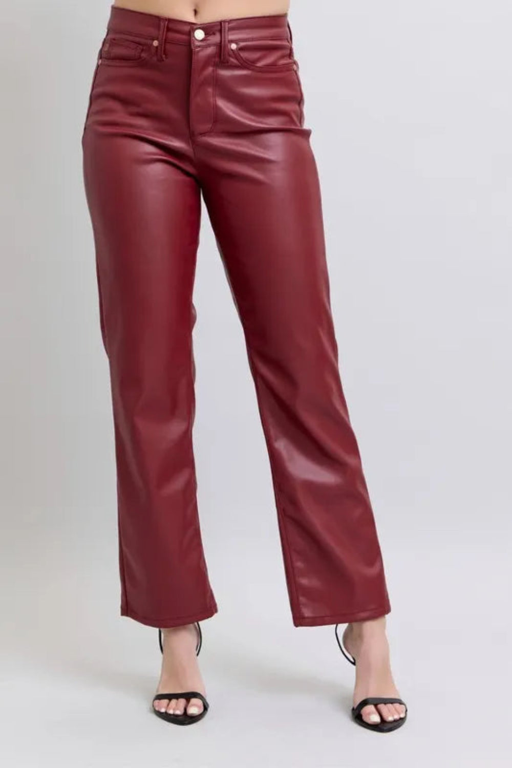 Judy Blue Pants, full-size, high-rise, tummy control, faux leather, straight leg, pocketed, brad detail, some stretch front view