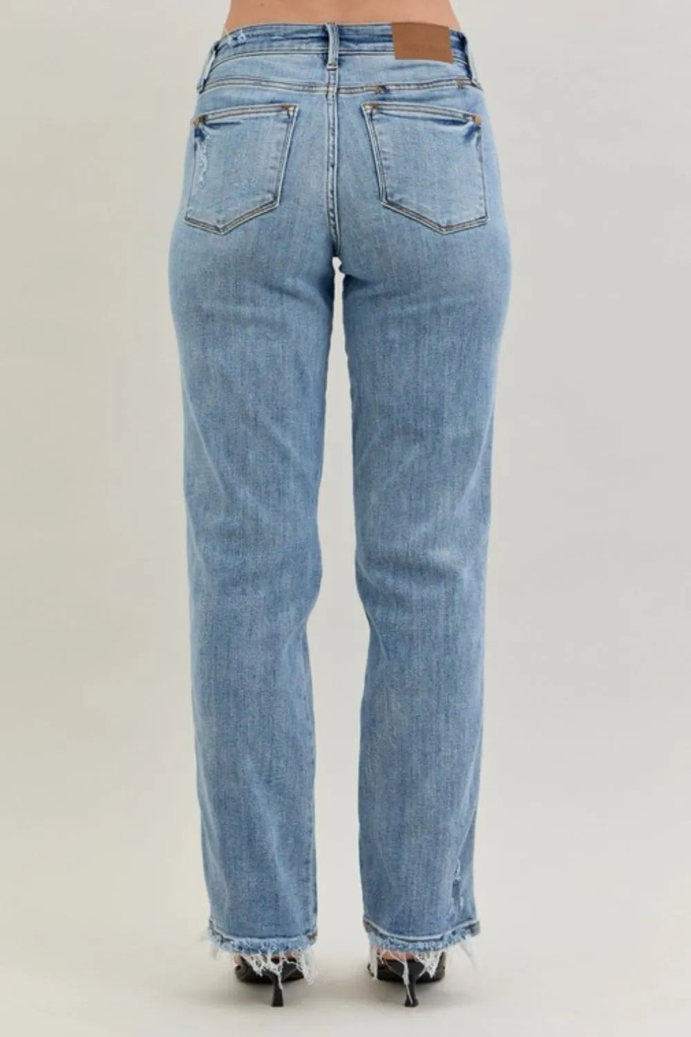 pocketed, raw hem, high-rise, straight leg, moderate stretch, medium wash dad Judy Blue Jeans back view