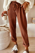 Pants, corduroy, drawstring, pocketed, elastic waist, high-rise, straight leg, no stretch, front view
