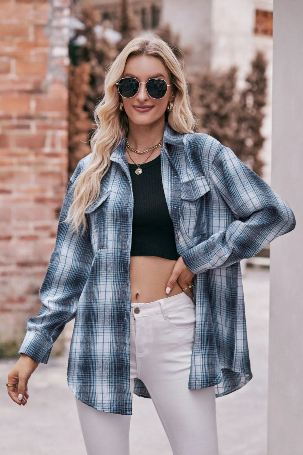 Long sleeve shirt, plaid, collared, pocketed, buttoned, oversized, drop shoulder, no stretch, many colors, front view