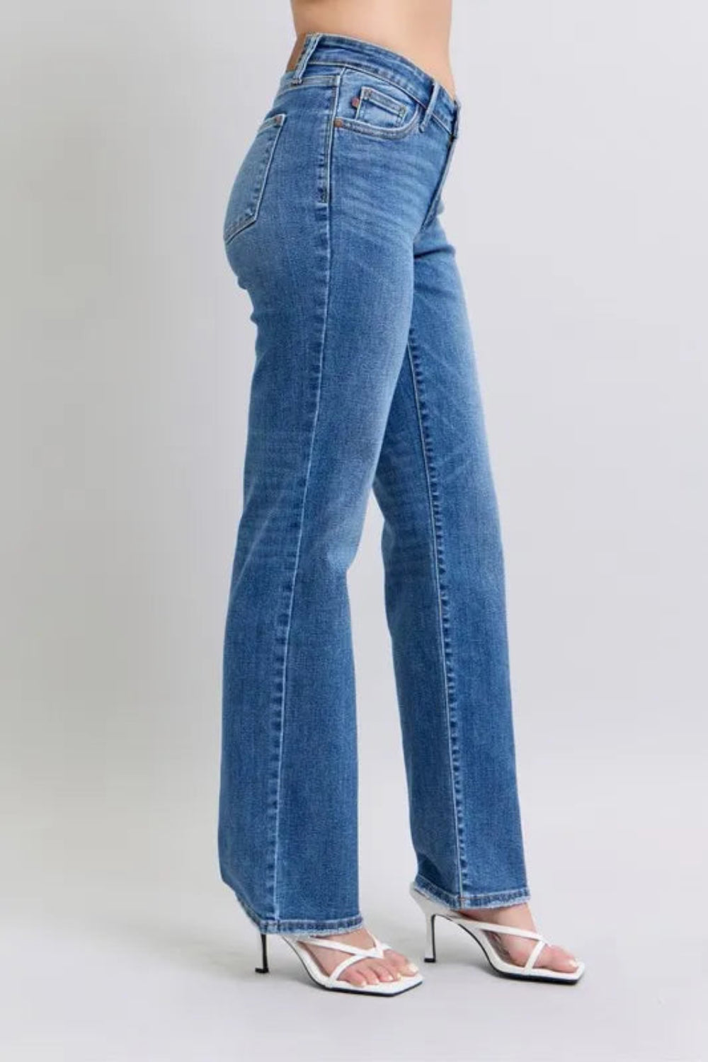 Judy Blue Jeans, full-size, high-rise, 5-pocket design, v-front detail, button-zip closure, straight leg, slightly stretchy, side view