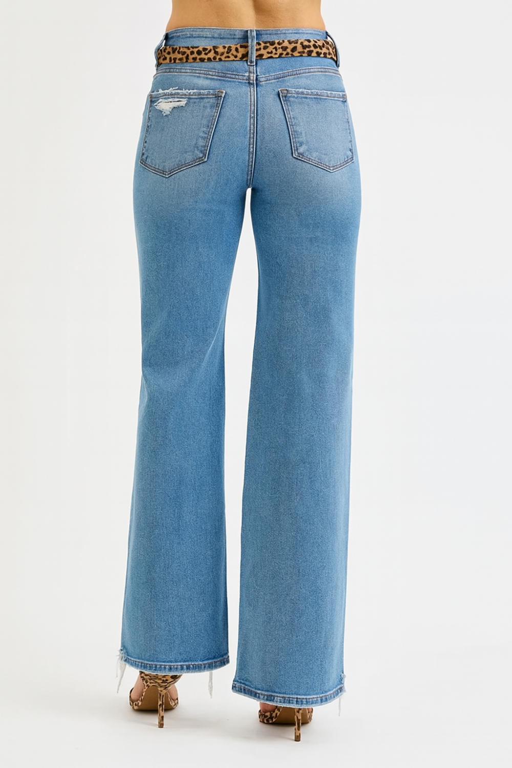 Risen Jeans, full size, high rise, distressed, wide leg, 5-pocket styling, secure button and zipper closure, stretchy, back view