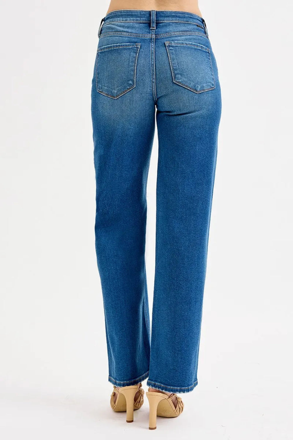 Risen Jeans, full-size, mid-waist, pocketed, distressed knee, raw hem, medium wash, boyfriend fit, straight leg, stretchy back view