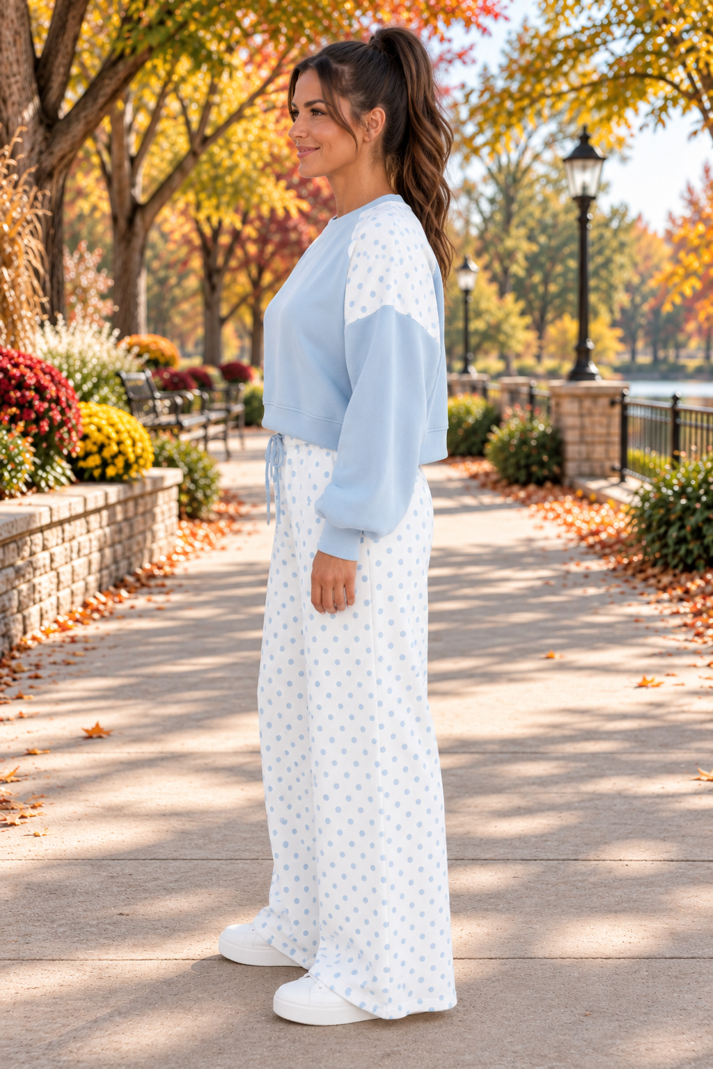Social Club Pant Set with a light blue cropped sweatshirt, polka-dot shoulder panels, and matching wide-leg drawstring pants side view.