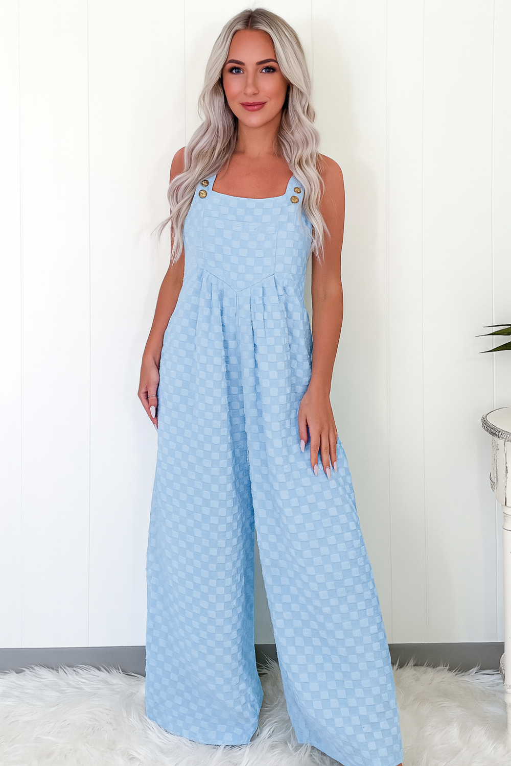 Overalls, square neck, wide leg, checkered, pocketed, buttoned straps, high waist, pleated, some stretch, front view