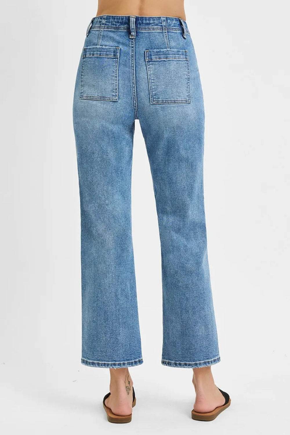 Risen Jeans, full-size, high-rise, cropped, bootcut, 5-pocket styling, vintage blue wash, front pocket detailing, stretchy, back view