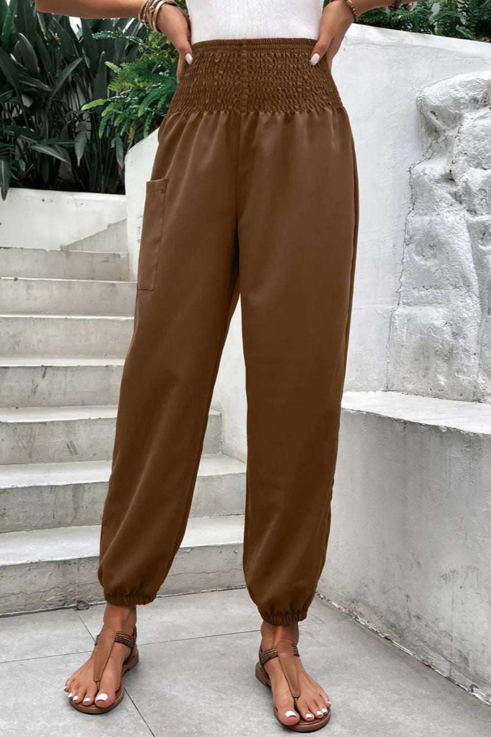 Joggers, high-waist, no drawstring, shirred, pocketed, opaque, slightly stretchy front view